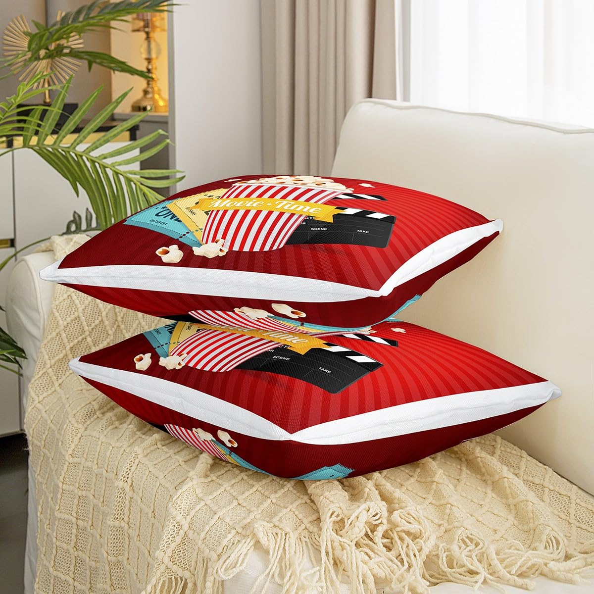 Loussiesd Movie Theater Decor Reversible Throw Pillow Covers Cinema Pillow Covers Home Decor for Kids Adults Movie Night Square Cushion Covers Set of 2 Old Fashion Home Theater 16x16 Inch - Image 3