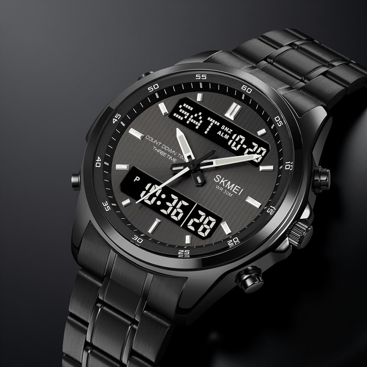 Close-up of SKMEI 2049 watch face showing digital displays and side buttons