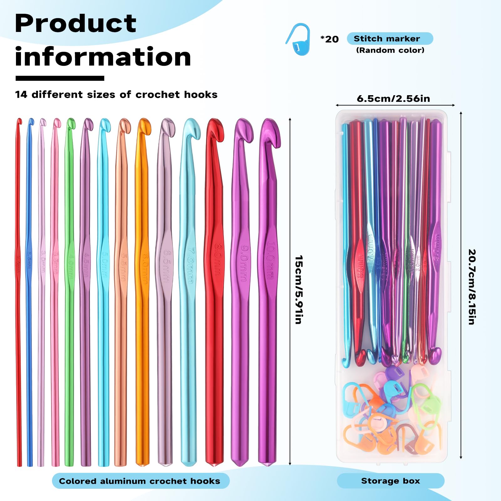 Mayboos Juego de 35 agujas de ganchillo, mango ergonómico de aluminio de colores, agujas de tejer para ganchillo para principiantes y experimentados ganchos de ganchillo