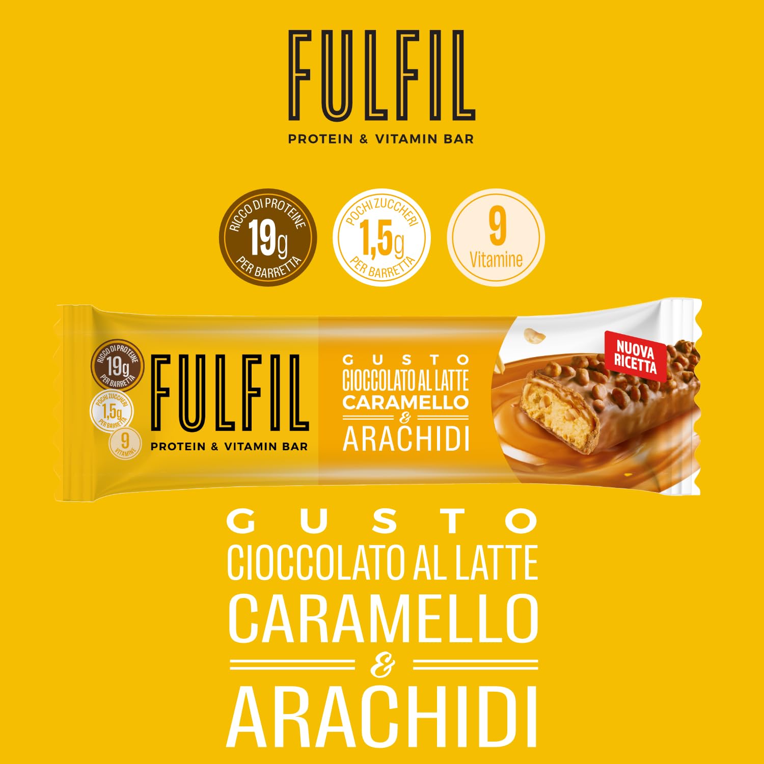 FULFIL - 15 Barrette Proteiche da 55 Grammi, Gusto Cioccolato Caramello e Arachidi con 9 Vitamine e Pochi Zuccheri, Confezione da 825 Grammi