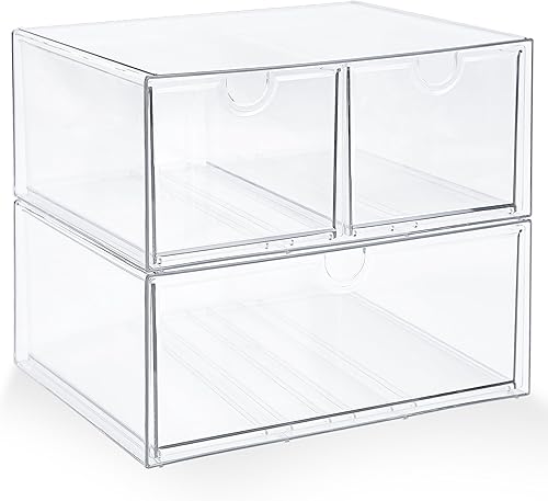 Prsildan Organizador de maquillaje acrílico con 3 cajones, almacenamiento apilable transparente para biberones, manualidades, joyas y accesorios