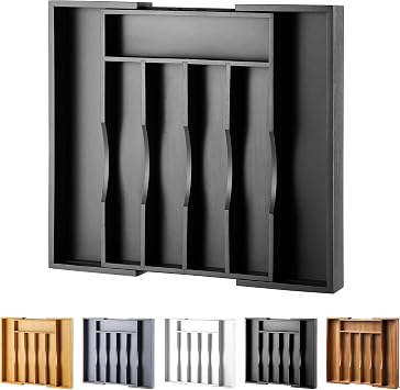 Expandable Bamboo Kitchen Drawer Organizer for Cutlery and Utensils, Adjustable Bamboo Wood Cutlery Tray in Drawer for Flatware and Silverware in Kitchen, Black