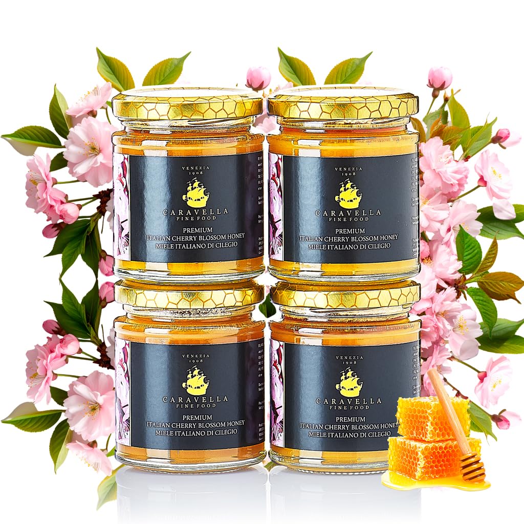 4x Miel de Fleurs de Cerisier 250g Caravella Fine Food| Italien Fleurs de Printemps Pur Cru Riche en Antioxydants| Ambré Clair aux Notes Florales Fruitées|Idéal pour Thé Fromage Petit-Déjeuner Dessert