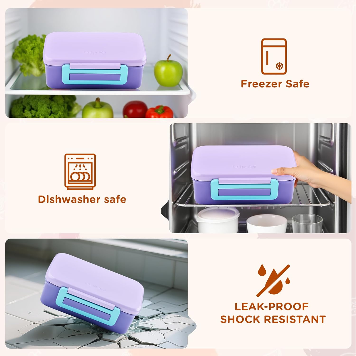 MAISON HUIS Bento Box for Kids with 8oz Soup Thermo, Insulated Lunch Bag & 17oz Water Bottle, 2-Compartment Bento Box with Built-In Ice Pack, Leak-Proof & BPA-Free (Purple) - Image 7