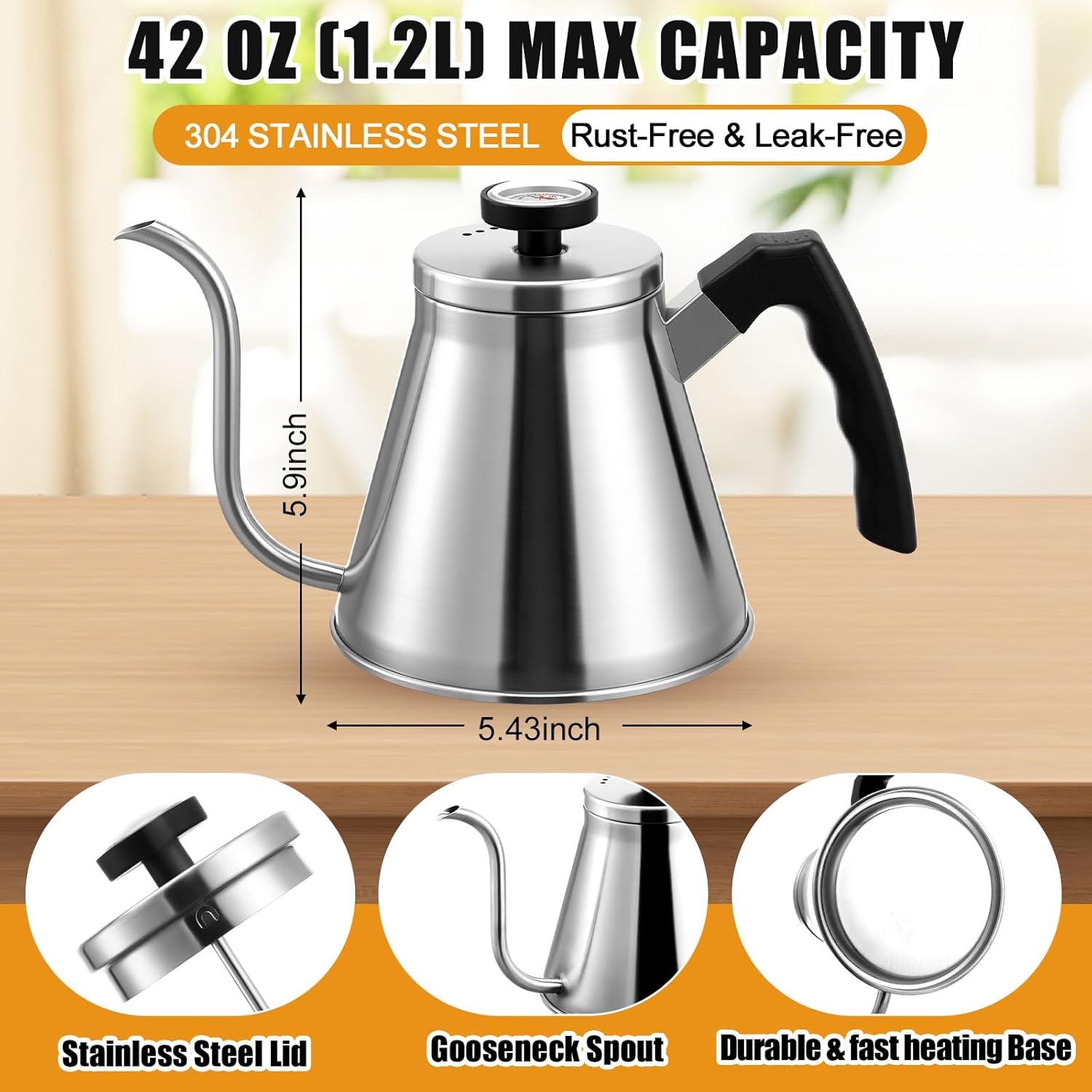 2 Pack 40 oz Gooseneck Kettle with Thermometer Stainless Steel Pour over Coffee Kettle Precision Drip Spout for Stovetop Home Kitchen Camping(Silver)