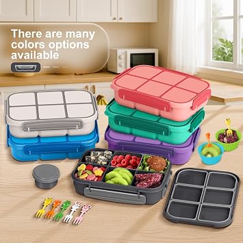 Amathley Lunch Box Kids Girls Boys,Bento Box Adult,Toddler Lunch Containers for School,Leakproof Snack Containers with 6 Compartments,Sauce Container,10 Food Picks and 4 Muffin Cups (Dark Gray)