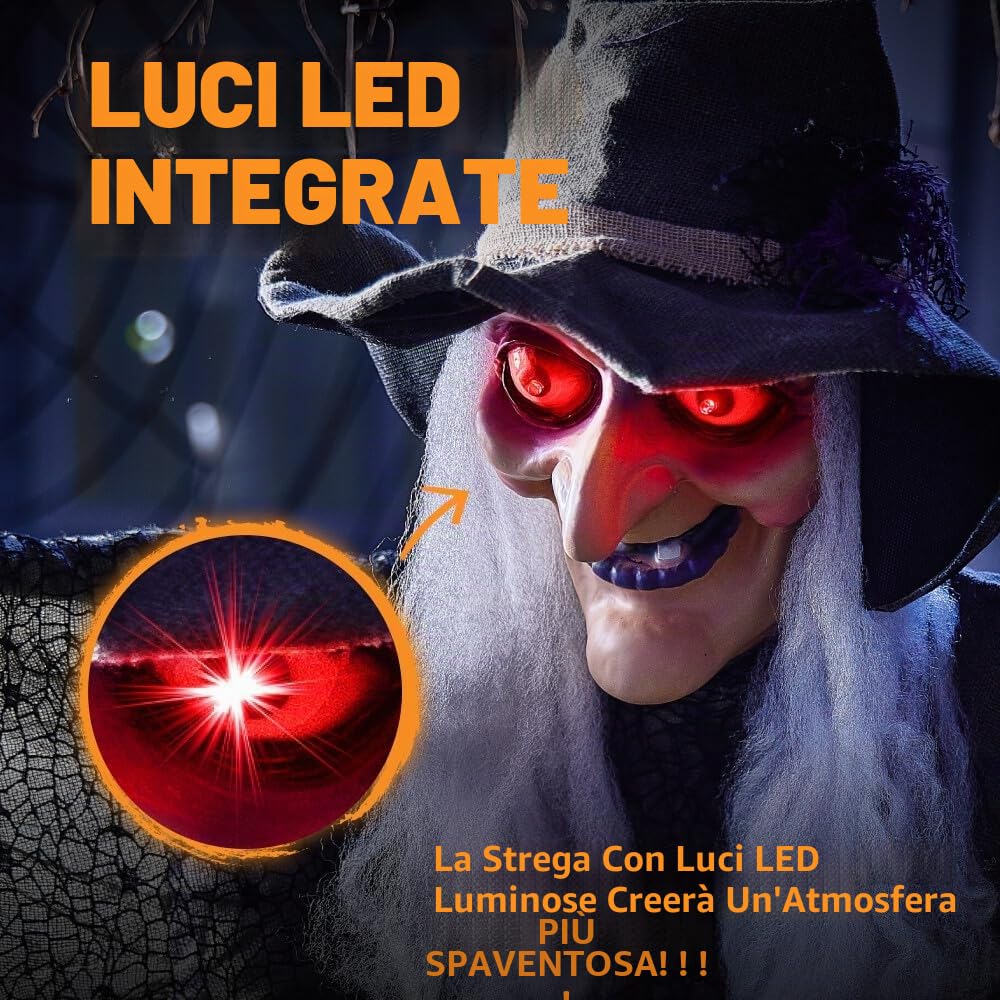 Decorazione da strega da appendere per Halloween con funzione di attivazione del suono, strega parlante animata con occhi rotondi per decorazione di Halloween, decorazione del prato