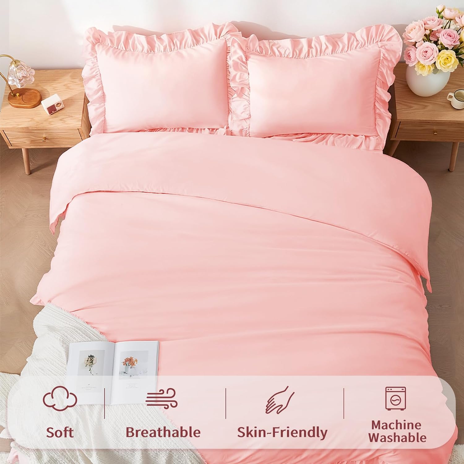 FUANNA Pink Duvet Cover Queen Size, 4-Inch Ruffle Duvet Cover Set, Ultra Soft & Fluffy Washed Microfiber Comforter Cover with Corner Ties & 2 Pillow Shams, Vintage French Country for Girls