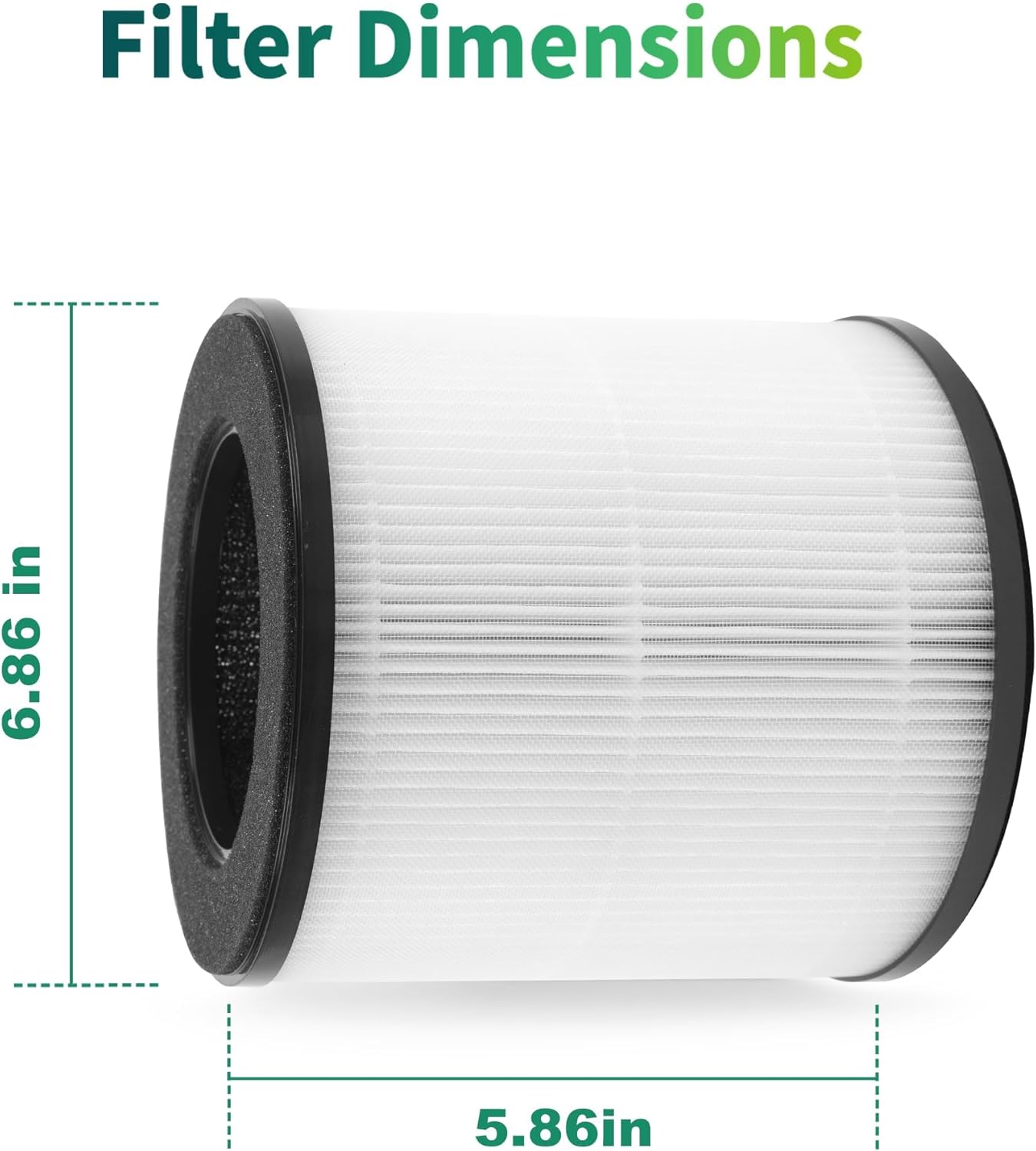 Diagram showing filter dimensions: 6.86 inches height and 5.86 inches width