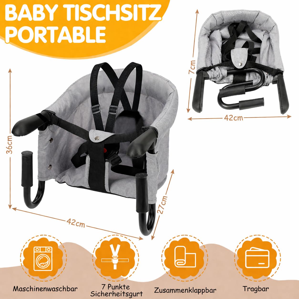 Klappbarer Babytischsitz mit Verstärkter Klemme (Grau) – Tragbar, inkl. Aufbewahrungstasche & Waschbar – bis 18 kg – aus Leinen
