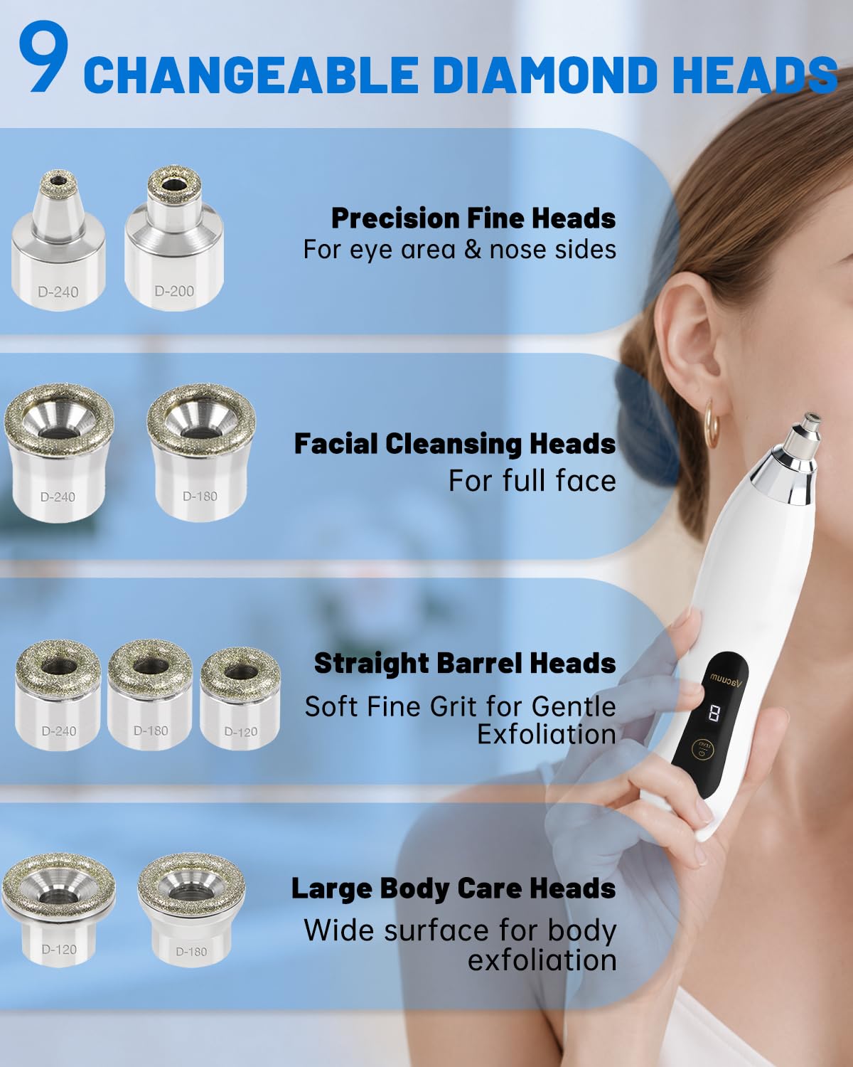 Mikrodermabrasionsgerät mit 9 Diamantaufsätzen, 7 Stufe, Tragbare Dermabrasion Maschine für Gesichtspeeling, Porenreinigung & Hautpflege Zuhause