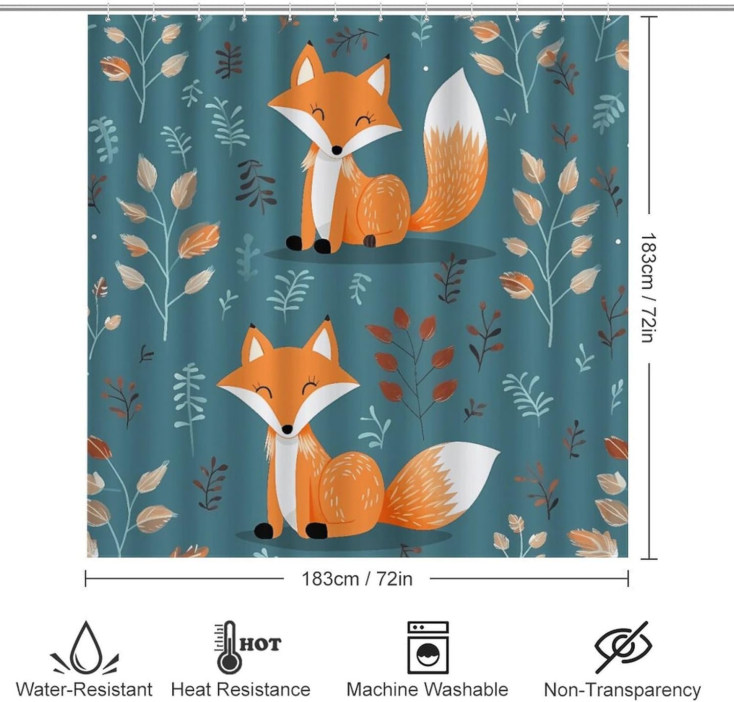 Cartoon Fox Pattern Shower Curtain Set 4 Piece, Non-Slip Bath Mat with Toilet Lid Cover and Waterproof Shower Curtain with 12 Hooks, Complete Bathroom Set for Home Decor