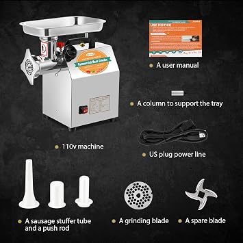 Newhai 1.3HP Commercial Meat Grinder Machine, 950W Heavy Duty, 3/6/8mm | Stainless Steel Mincer, 110V Industrial Sausage Stuffer with 2 Blades 3 Plates, Grinding Chicken & Fish Bones for Restaurant
