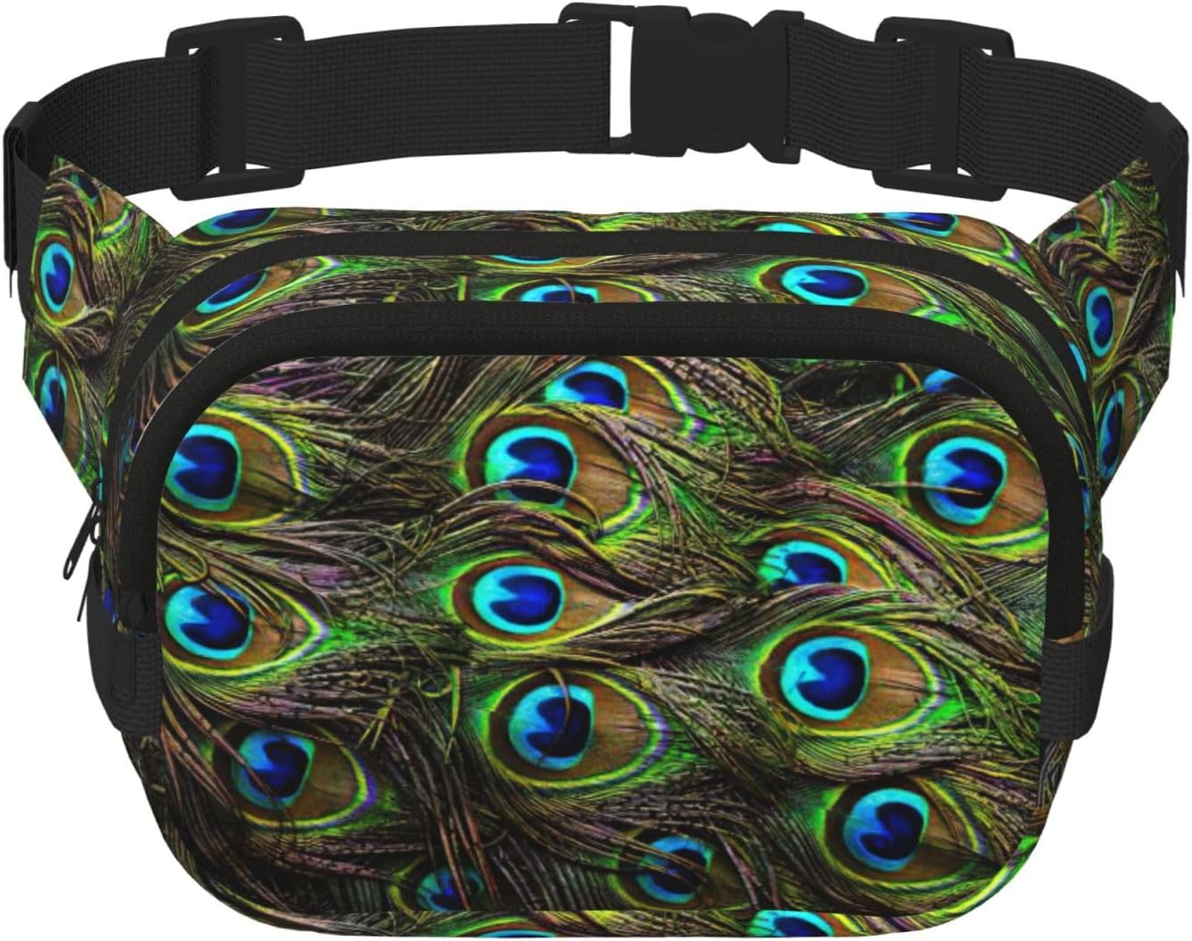 Peacock Feather Print Fashion Waist Packs Square Layer Waist Bag Black Belt Bag with Adjustable Strap