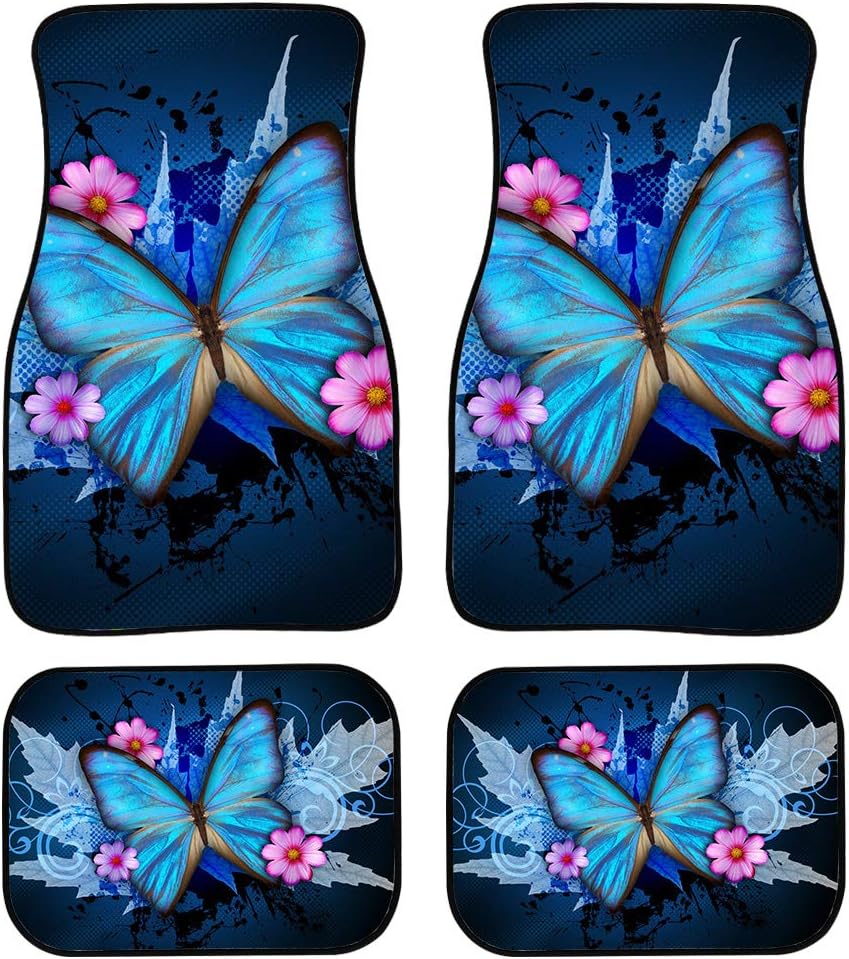 BIGCARJOB Blue Butterfly Printed Car Floor Mats Full Set of 4,Include 2 pcs Auto Front Floor Mats,2 pcs Rear Vehicle Carpet,Non-slip Auto Foot Mat, Universal Fits Sedan SUV Trucks Vans