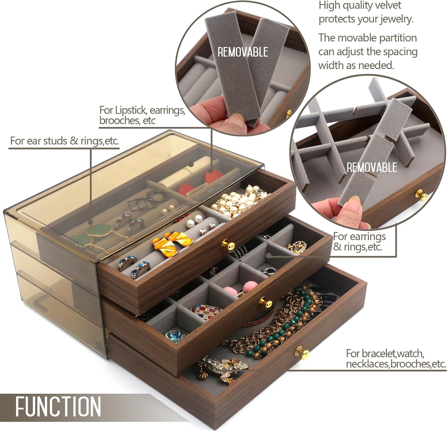 Acrylic Jewelry Organizer with Velvet Lining & Wood Drawer - Adjustable Compartments for Earrings, Rings, Necklaces, Bracelets, Lipstick | Stackable Makeup Storage Case (grey)