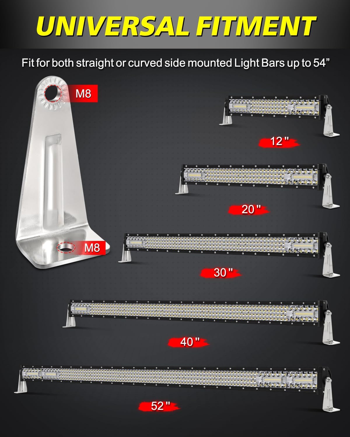 LED Light Bar Side Mounting Brackets Kit Heavy Duty Stainless Steel Side Brackets for Straight or Curved Single-Row LED Light Bar Up to 54 Inch - 8MM Hole