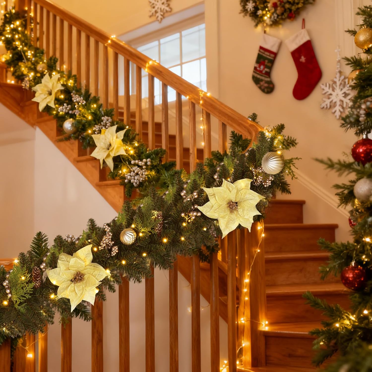 Christmas Garland with Lights Dailyart 9FT 80LED Xmas Pre-lit Wreath Lights with Timer Decorated with Christmas Flower Ball Pinecones Berry Artificial Lighted Garland for Fireplace Stairs Home Decor