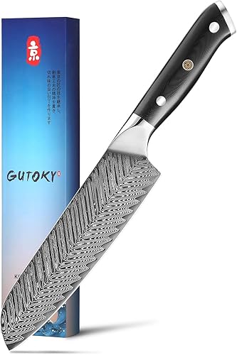 Gutoky Santoku Cuchillo de 7 pulgadas, hecho de acero japonés AUS-10 Super Damasco, cuchillo de cocina profesional para cortar carne, pescado,