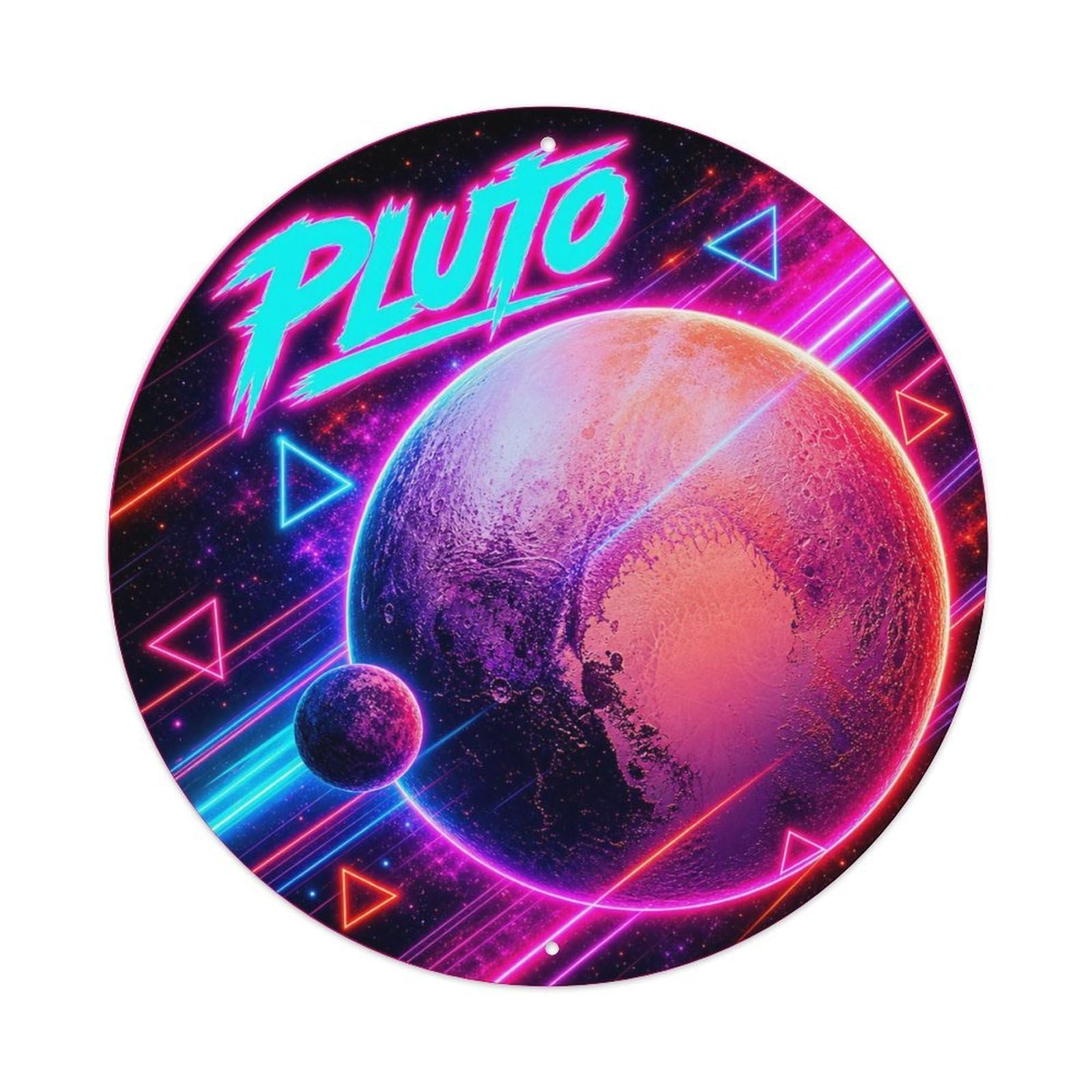 Astronomy Pluto Dwarf Planet Deep Space Astral Metal Tin Sign Plaque Wall Decor for Cafe, Man Cave, Club Bar, Office, Home Garden Round Metal Poster 8x8Inch