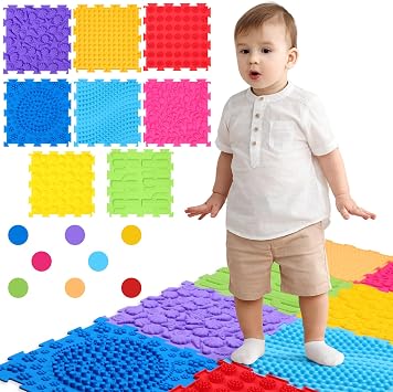 GlikCeil 8 Pcs Sensory Mats for Autistic Children Massage Game Mats Orthopedic Puzzle Play Pads Textured Sensory Floor Tiles for Kids Toddler Autism Fidgeting Activity Tactile PlayRainbow Colors
