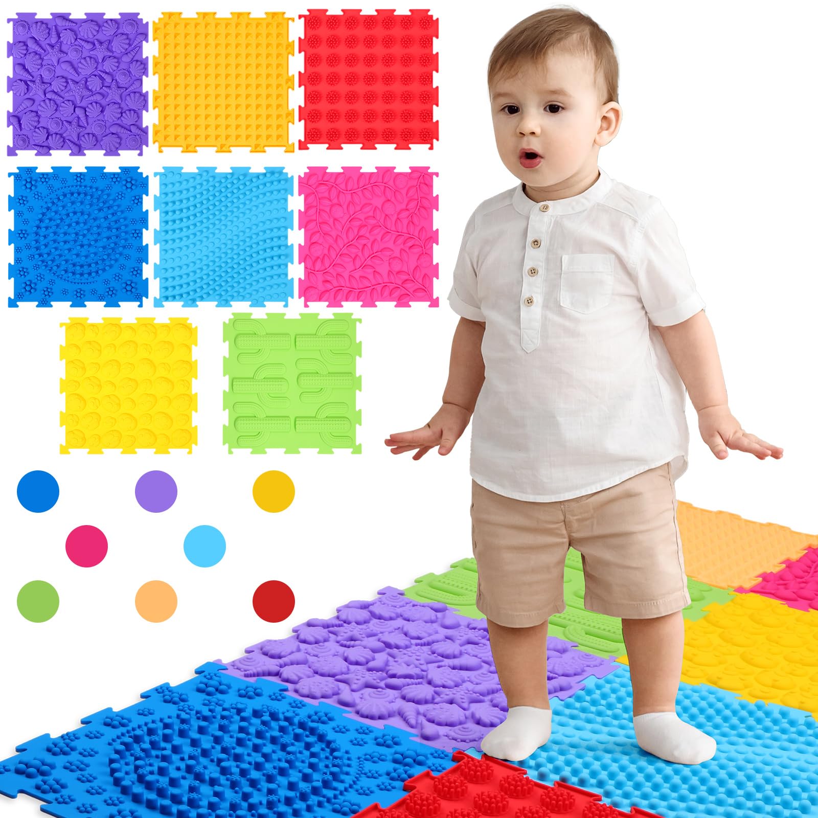 GlikCeil 8 Pcs Sensory Mats for Autistic Children Massage Game Mats Orthopedic Puzzle Play Pads Textured Sensory Floor Tiles for Kids Toddler Autism
