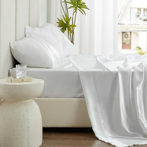 Miniatura 8 de Love's cabin - Juego de ropa de cama de satén suave y sedoso, tamaño individual, 3 piezas con esquinas profundas, sábanas de lujo, resistentes a las