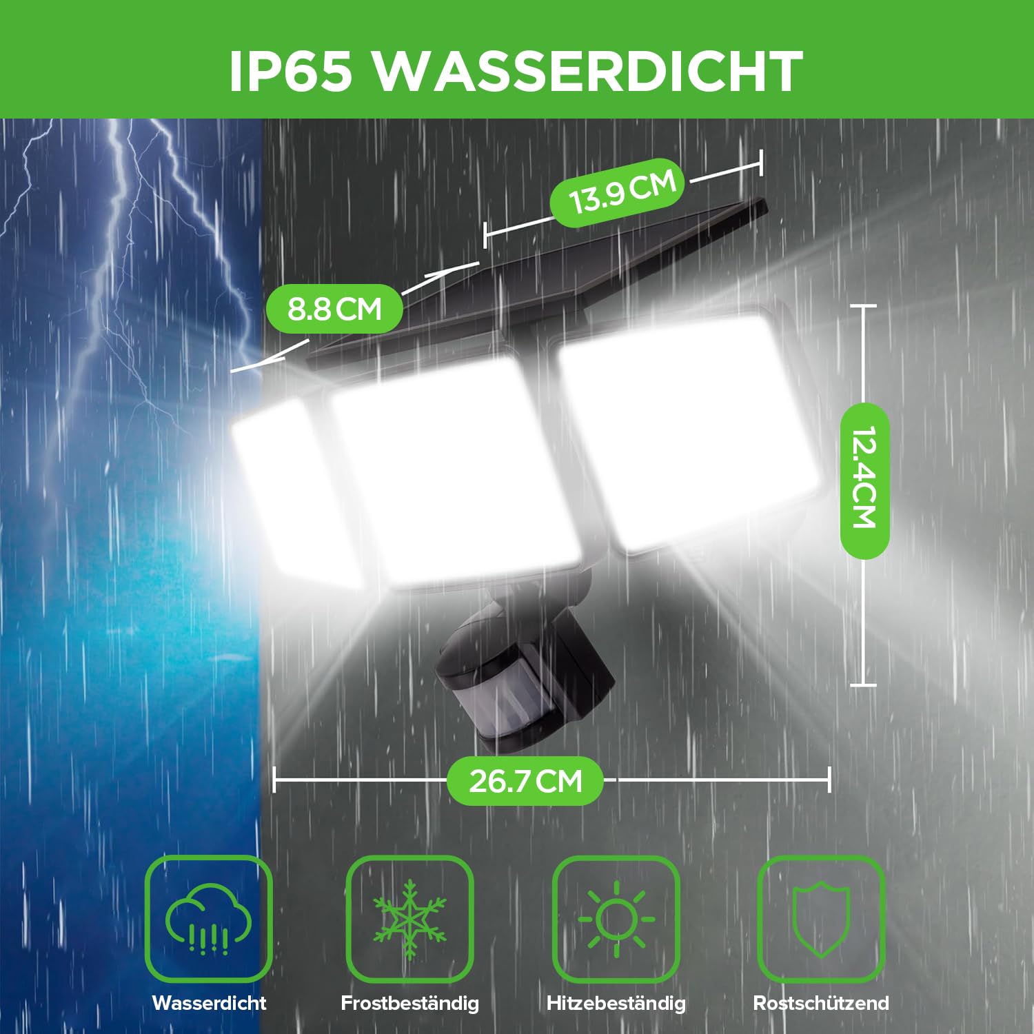 UME 3 Packs Solar-Außenleuchten, 302 LEDs, 1500 lm, IP65 wasserdicht, Bewegungsmelder, Außenleuchten, 3 Köpfe, 270 Grad breiter Beleuchtungswinkel mit 3 Modi, für Garten