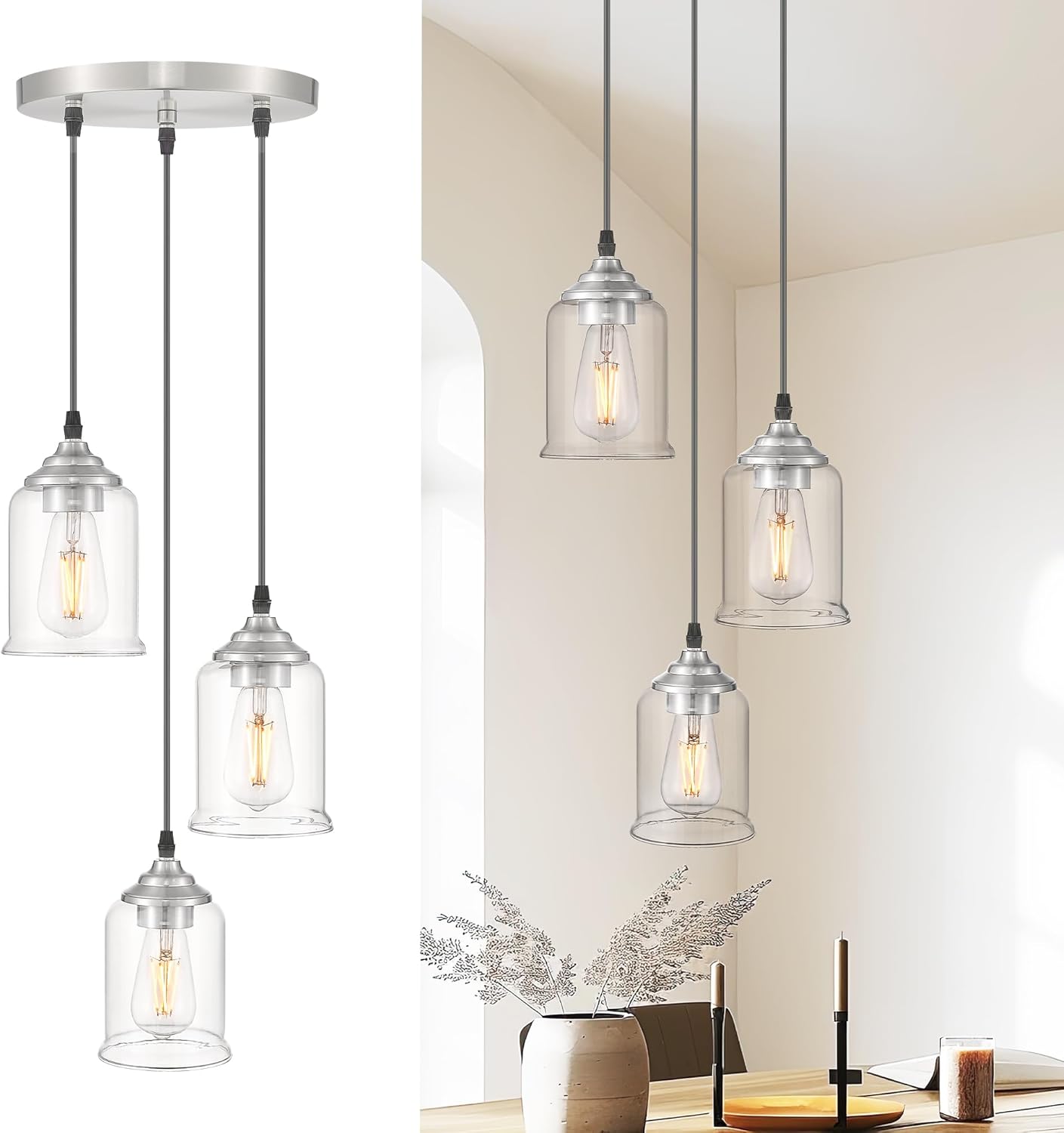 zeyu 3-Light Pendant Lighting, Adjustable Modern Cluster Pendant Light for Kitchen Island, Brushed Nickel Finish with Clear Glass Shade, ZSL104-3 BN