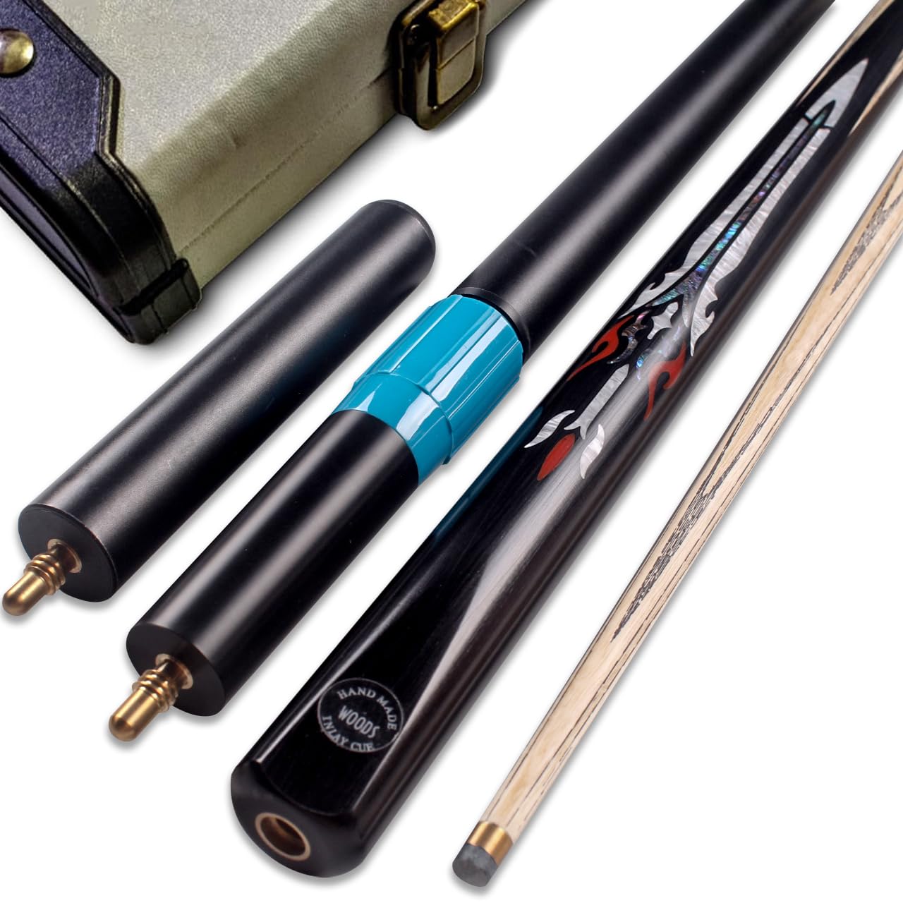 WOODS CUES 58" 1 Piece Handcraft Ash Snooker/Pool Cue, 8.5or9.5mm, 17-19.5oz, Great Sword Inlay, Chevrons+, Snooker Cues Adult with Case and Extension or Only One Cue (9.5mm CUE+CASE+EXTENSIONS)