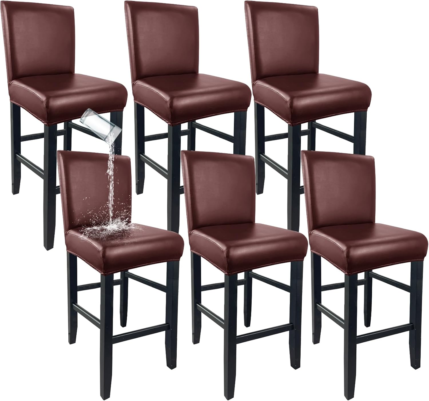 PU Leather Bar Stool Covers with Backs, Waterproof Bar Stool Chair Covers Washable & Wipeable High Back Barstool Slipcovers Chair Protctor for Pub, Counter, Cafe, Dining Room (PU Dark Brown, 6 Pack)