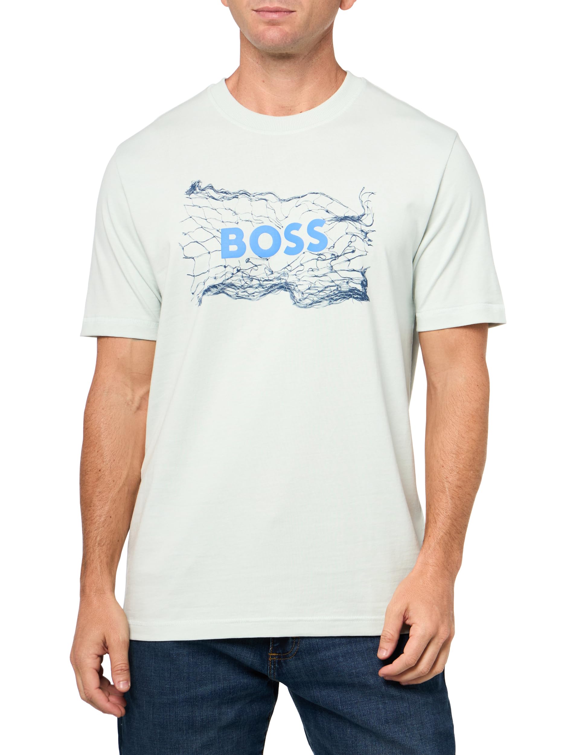 BOSS Herren Big Logo Chain Cotton T-Shirt Großes Logo Baumwolle T-Shirt (1er Pack), Open Air Blue, XL