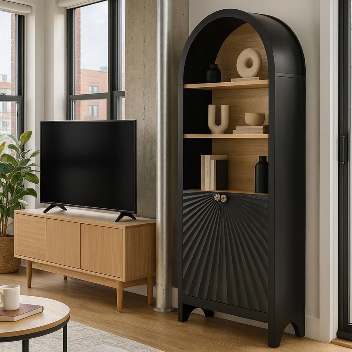 61" Tall Arched Cabinets,Bookcase with Storage,Mid-Century Modern 5-Tier Bookshelf with Door,Black