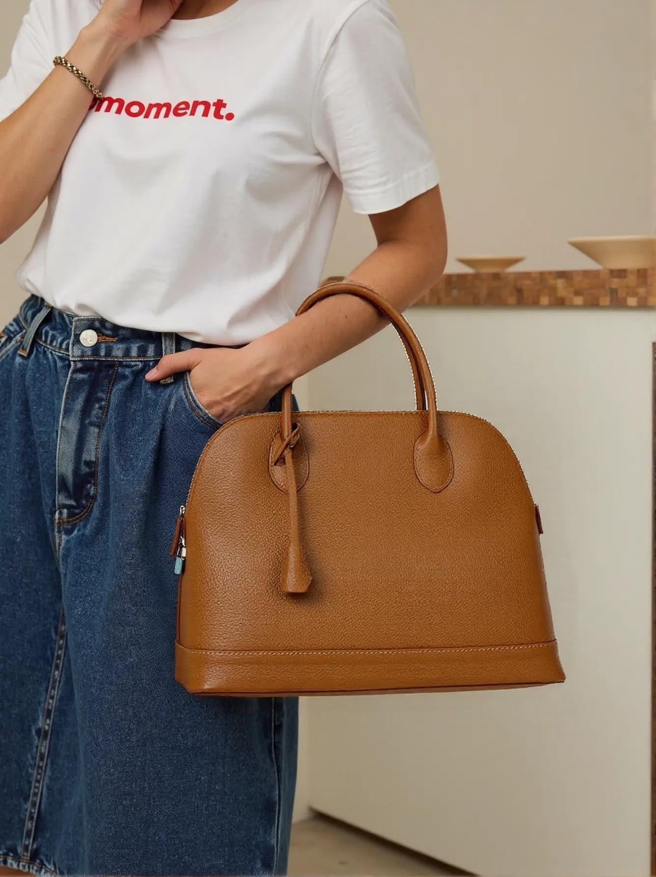 Sac à Main pour Femme Grand en Cuir Véritable Sac avec Pendentif en Cuir Fabriqué en Italie