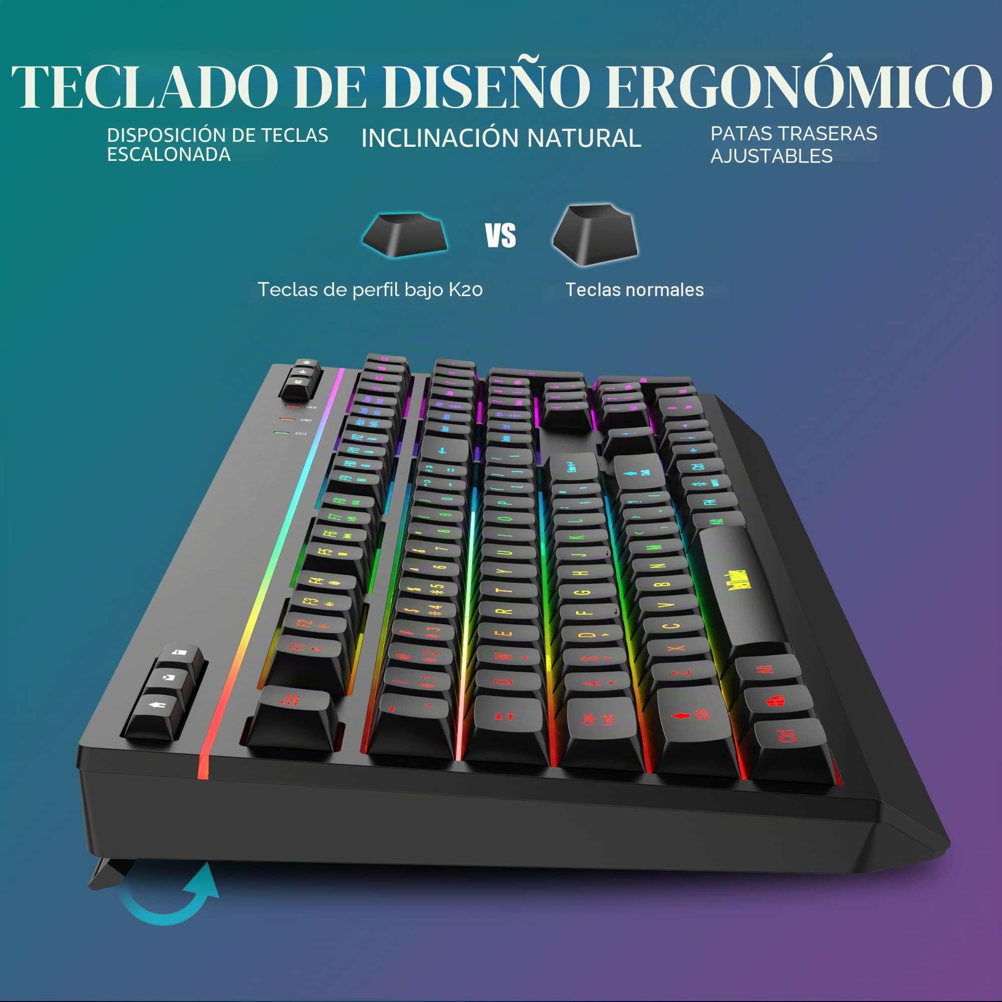 RedThunder K20 Juego de teclado y ratón inalámbricos para gaming, diseño QWERTZ DE, retroiluminación RGB + teclas de función multimedia, ratón inalámbrico de 4800 ppp para PC, Mac, portátil (negro)