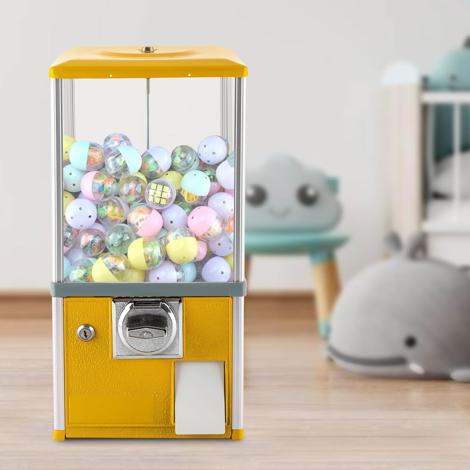 Vending Machine 20" Commercial Gumball Machine 1.77-1.97in Capsule Vending Candy Gumball Machine Large Load Capacity Gumball Bank Vending Machines w/Key for Kids Party Favor Prize (Yellow)