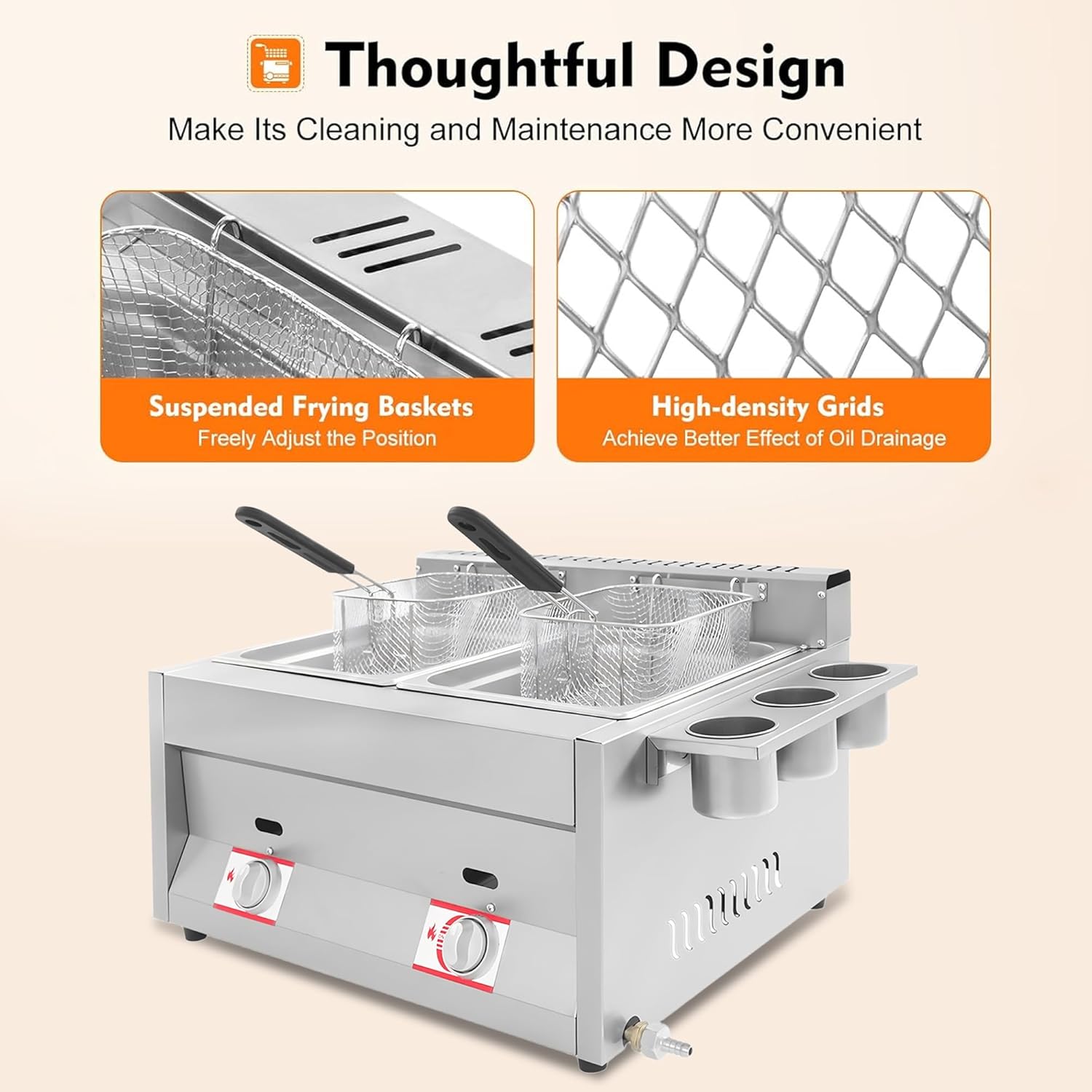 Commercial-Grade Countertop Deep Fryer, Dual Well 5.3QT x 2, Stainless Steel 2 Tank Fryer with Basket for Home Use Easy to Clean Oil Fryers 18000Btu/hr, Silver