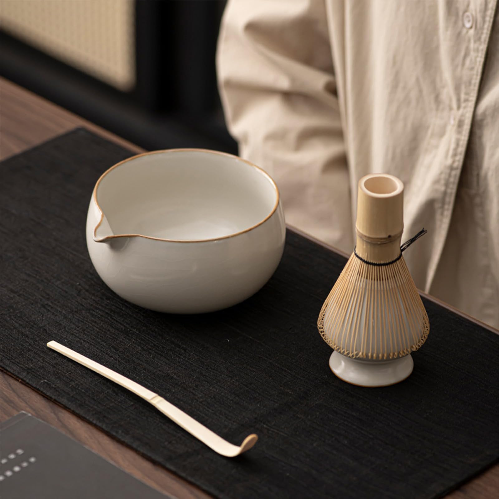 4 Pcs Service À Thé Japonais, Matcha Whisk Set Matcha Bowl, Support De Fouet À Matcha Kit, Set Fouet À Matcha, Ensemble De Fouet À Matcha,Ensemble Bol À Whisky Matcha (Beige)
