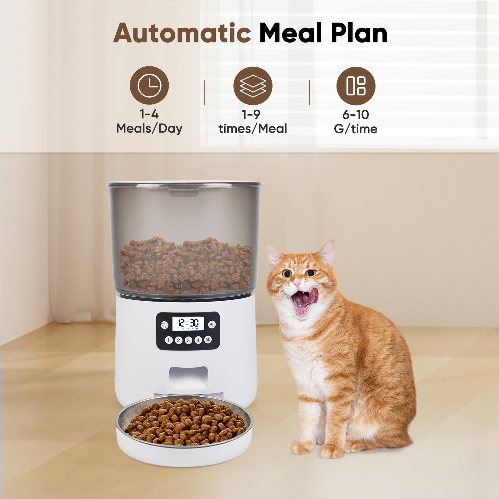 Distributore Cibo Automatico Per Gatti 4L – WiFi Con App, Registrazione Vocale 10s E Ciotola In Acciaio, 1-10 Pasti Al Giorno
