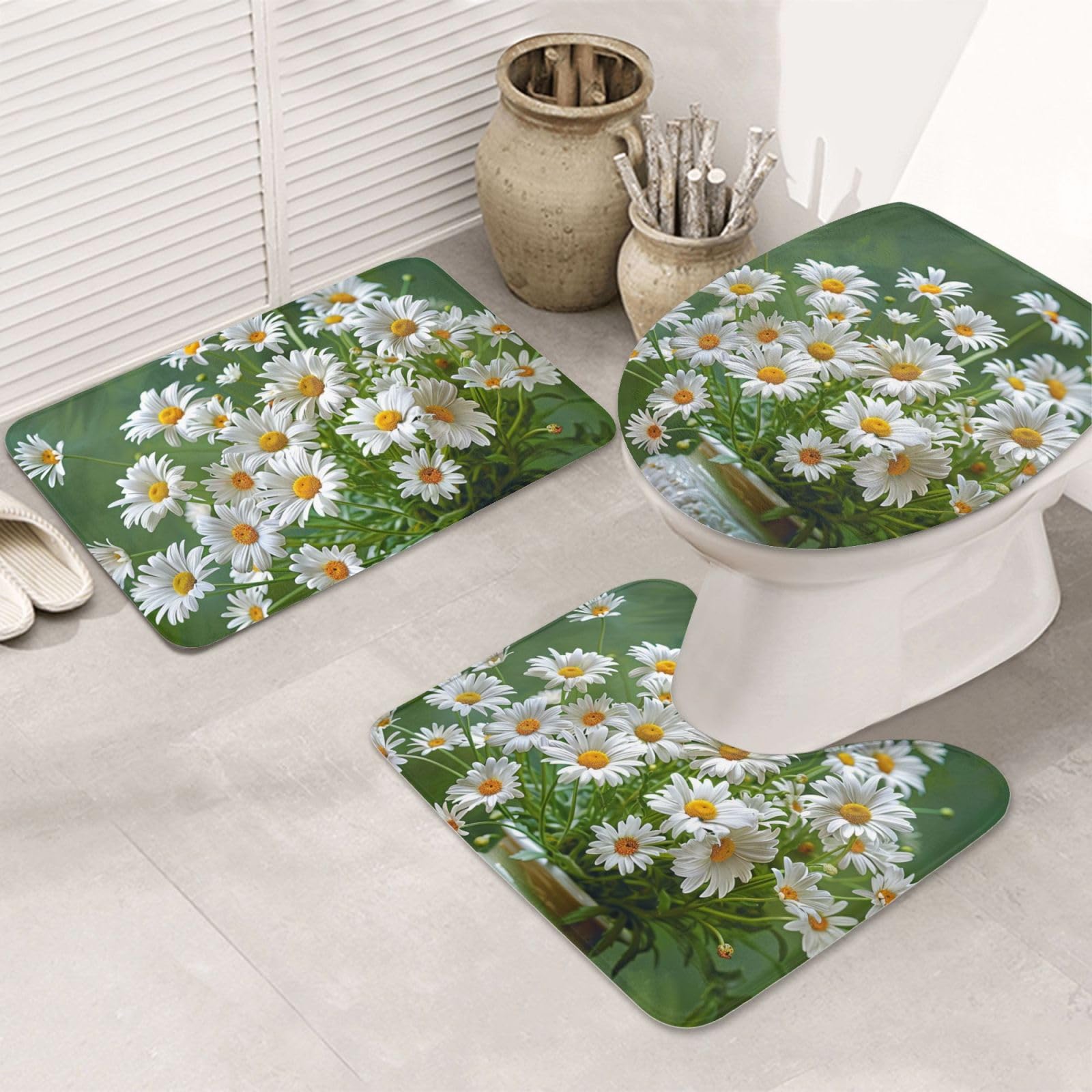 Lot de 3 tapis de bain antidérapants et absorbants en flanelle avec motif floral et marguerites