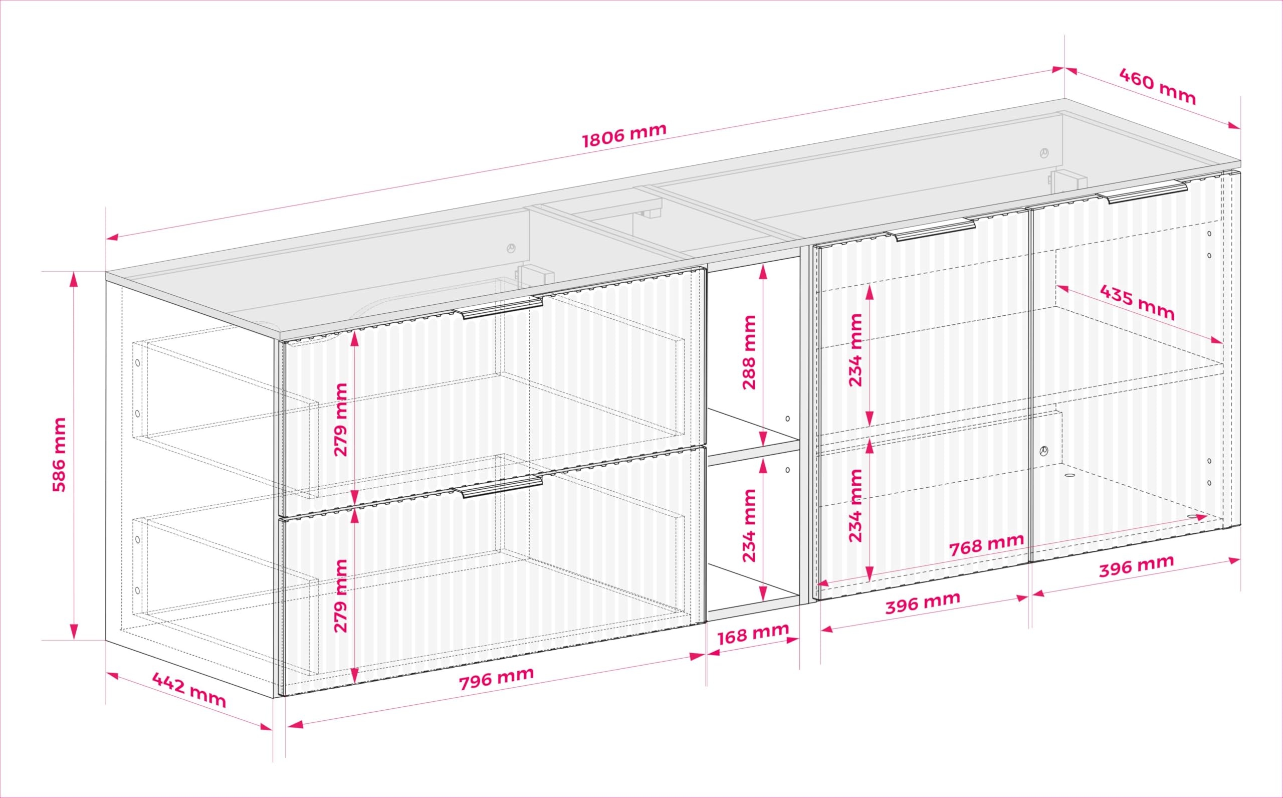 Mobile da bagno sospeso con top, Bianco / Noce, 180 x 58,6 x 46 cm