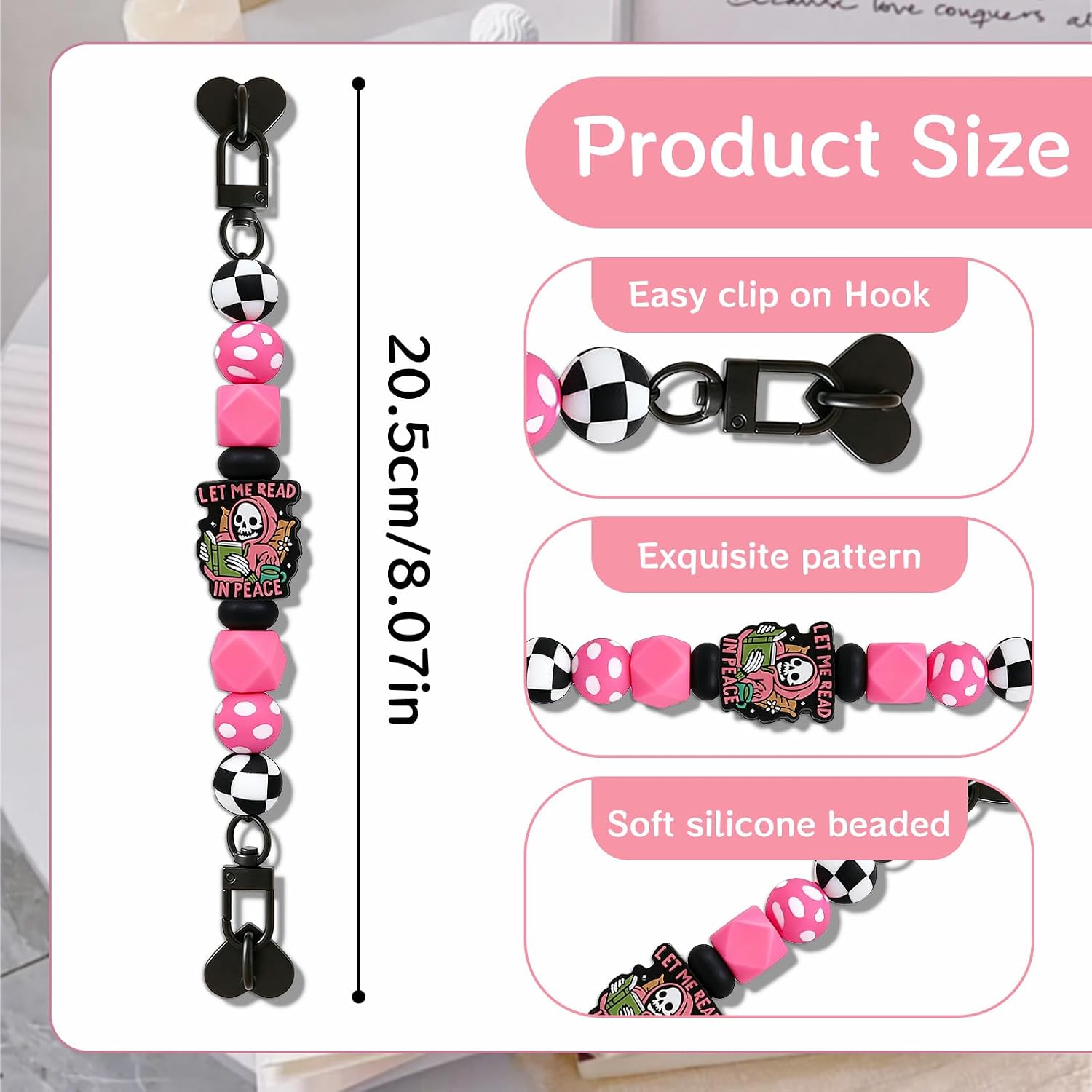 Wxiben Silicone Beaded Strap for Kindle - Hand Straps Holder Grip Chain Charm for Kindle Decorating Accessories Gift for E-book Reader Bookish E-Reader Device Hand Strap (Skull Reading)
