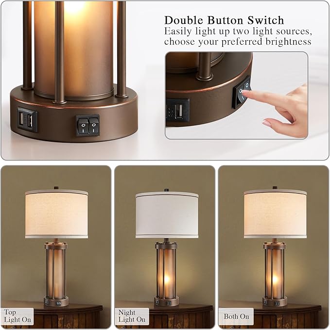 RORIA Set of 2 Farmhouse Table Lamps for Living Room with 2 USB Charging Ports, Vintage Rustic Nightstand Lamps with Amber Glass Nightlight, Retro Desk Lamps for Bedroom Entryway, 4 Bulbs Included (Brown) photo 6