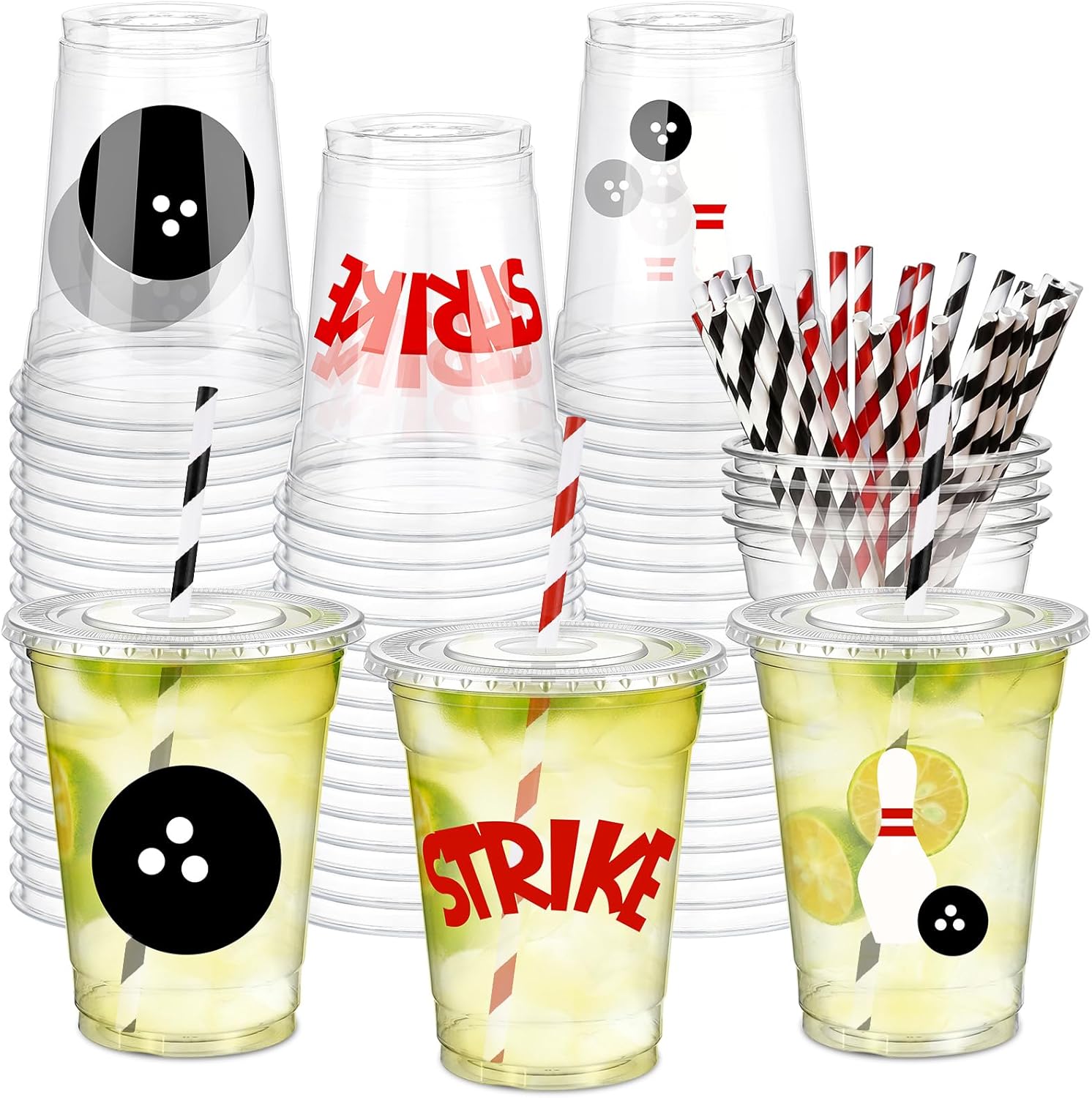 Newtay 60 Pcs Bowling Cups Bulk 12oz Bowling Themed Plastic Cups with Lids Straws Sport Party Favors for Birthday Baby Shower Decorations