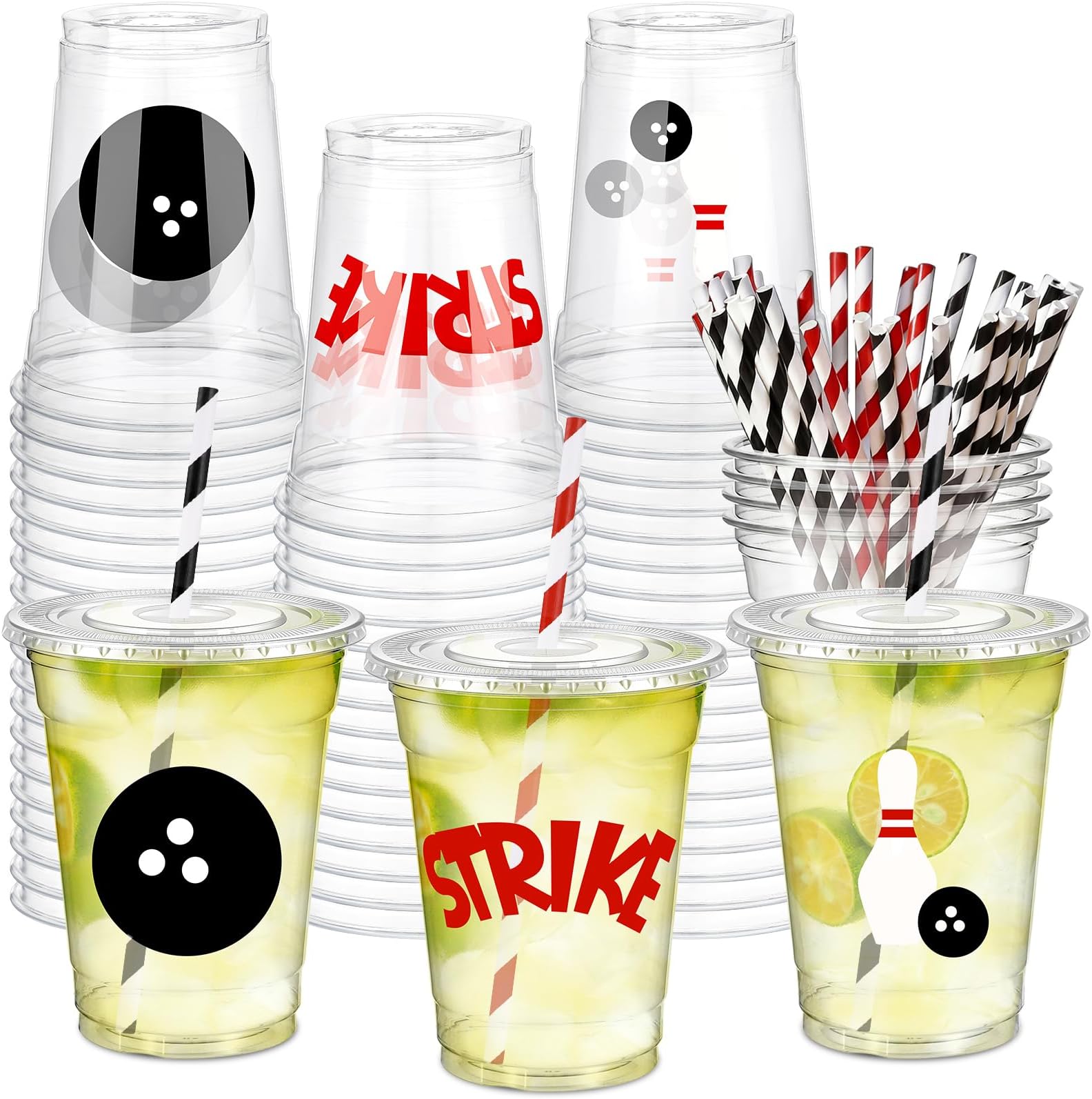 Newtay 60 Pcs Bowling Cups Bulk 12oz Bowling Themed Plastic Cups with Lids Straws Sport Party Favors for Birthday Baby Shower Decorations
