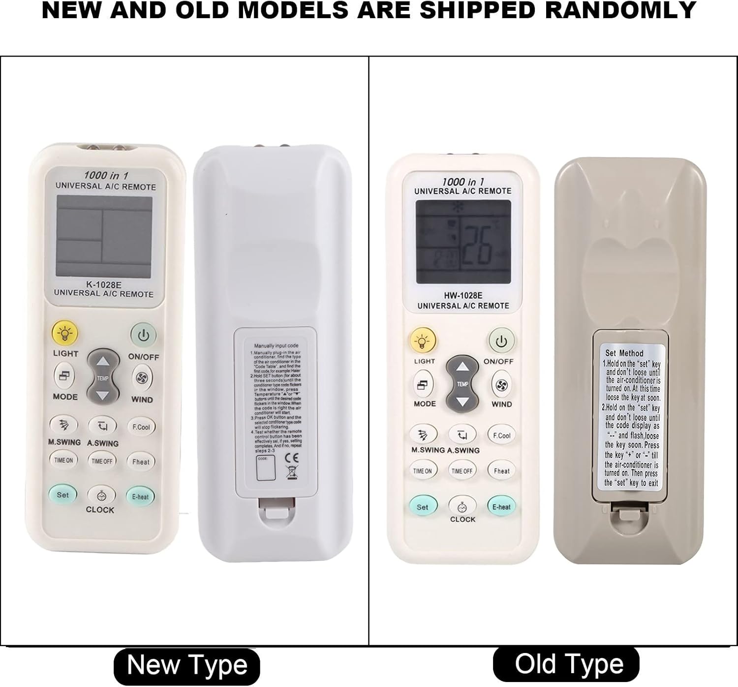 Comparison image showing 'New Type' and 'Old Type' Zerone K-1028E Universal AC Remote Controls, highlighting differences in button layout and back panel instructions.