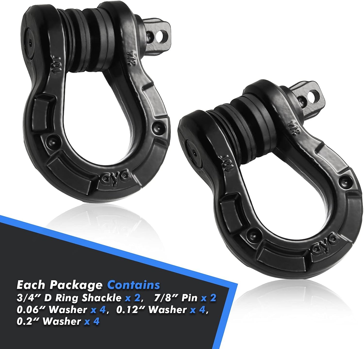 Shackles 3/4" D Ring Shackle (2 Pack) 77,000Ibs(35T) Break Strength with 7/8" Screw Pin and Shackle Isolator & Washers Kit for Tow Strap Winch Off Road Vehicle Recovery Black