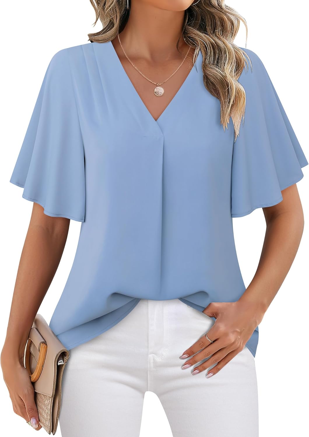 Timeson Womens Blouses for Work Professional: Summer - Short Sleeve Blouses for Women - Women's Business Attire Office Shirts Chiffon Tunics Tops Ladies V Neck Dressy Casual Clothes Blue Gray - Image 2