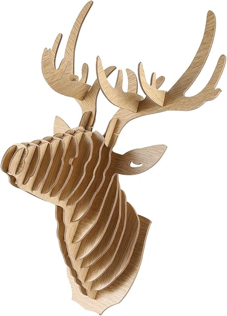 Jcevium 3D Wood Carving Deer Head Decoration Wall and Door Necklace Hat Key - Beige