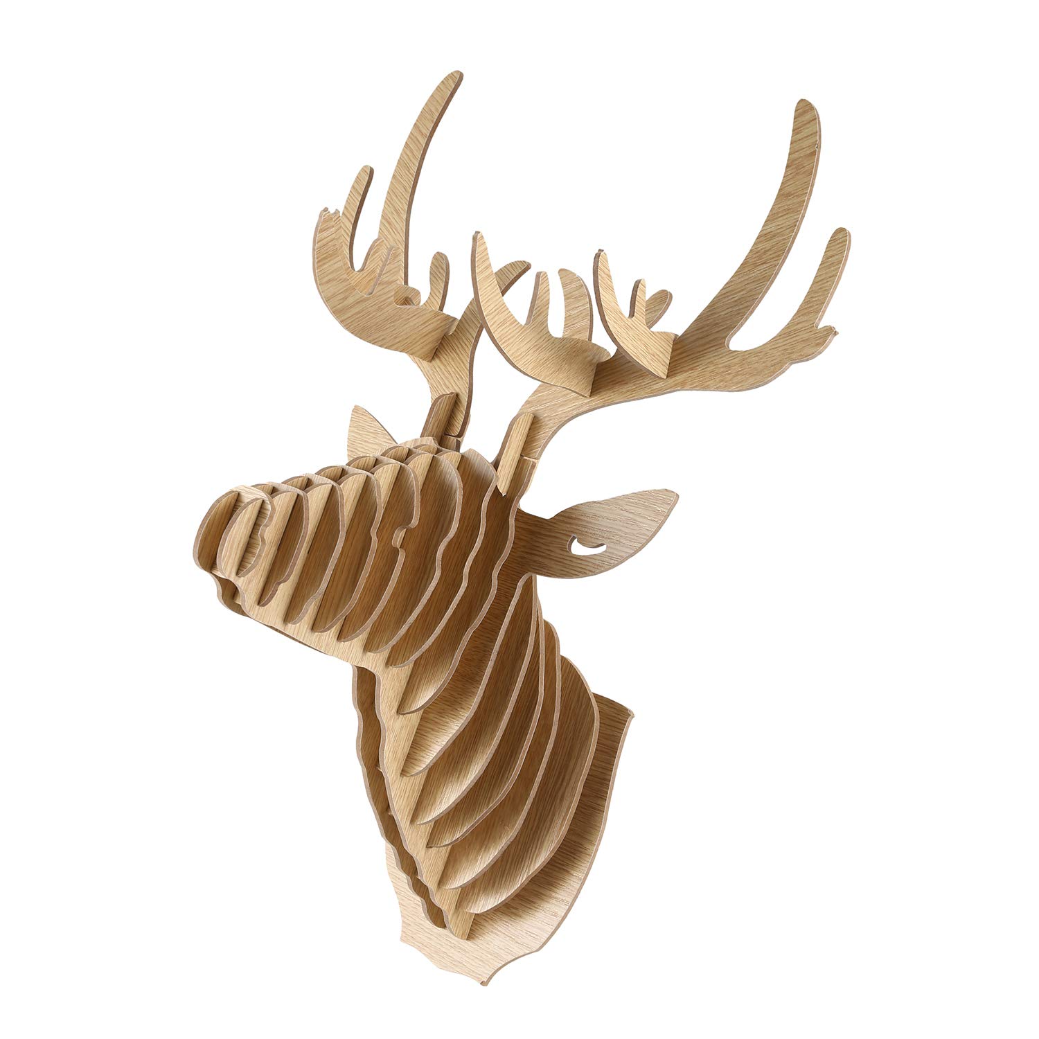Lobamop Tête de cerf en bois sculptée 3D - Décorative et collier - Beige